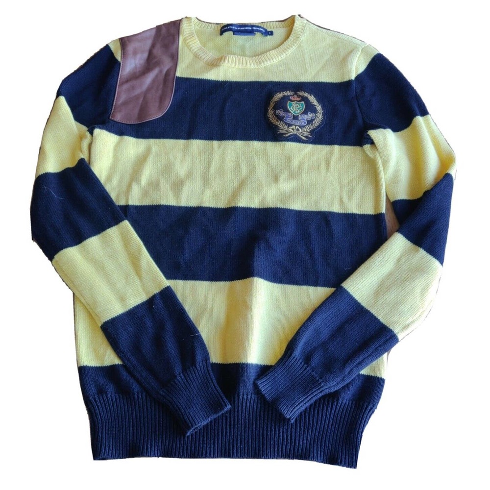 Vintage Ralph Lauren Sport Women Shooting Sweater Yellow Blue Sz S Pima Cttn